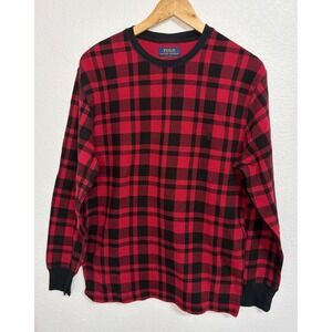 Polo Ralph Lauren Mens Red Black Buffalo Plaid Waffle Knit Thermal Shirt Medium